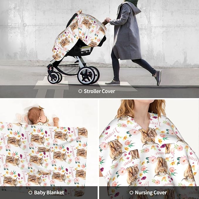 Personalized Baby Car Seat Canopy for Babies with Name, Custom Car Seat Covers for Girls, Infant Opening Minky Nursing Breastfeeding Stroller Cover Carseat Canopies for Newborn (High Land Cow)