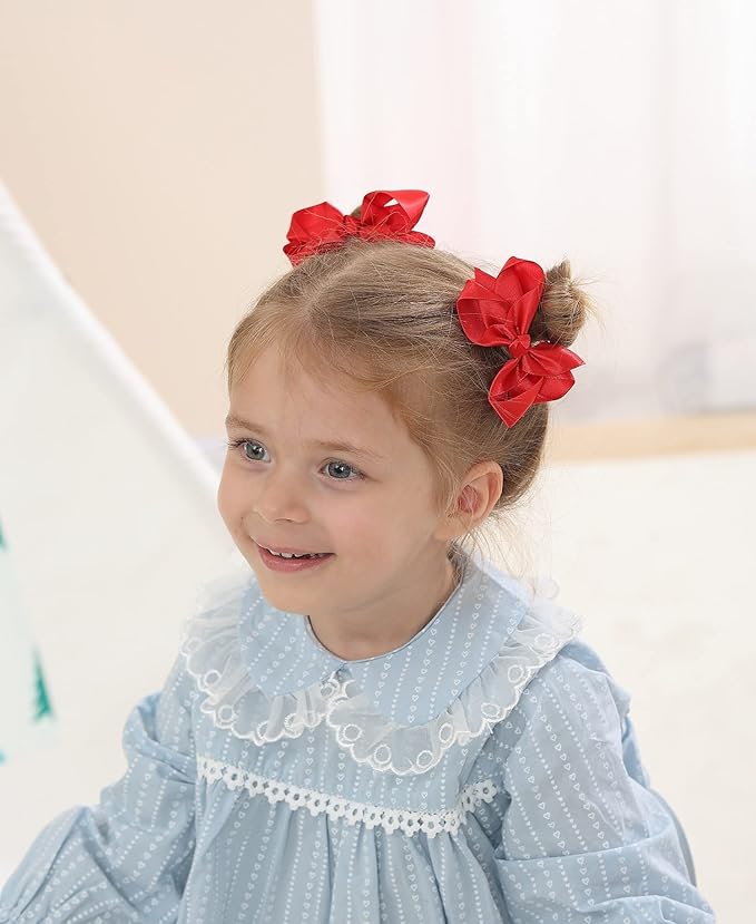 3 Inch Satin Bow for Little Girls - 2 Pcs (Red)