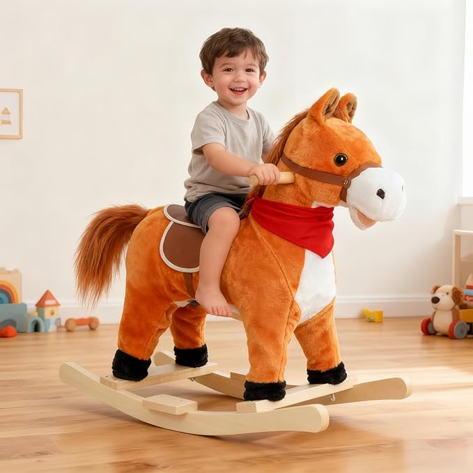 Rocking Horse Toy for Kids Plush Ride on Animal with Wooden Rockers, Moving Mouth and Wagging Tail, Musical Sounds, Baby Rocking Chair, 120kg Weight Capacity, Ages 1-6 Light Brown Middle