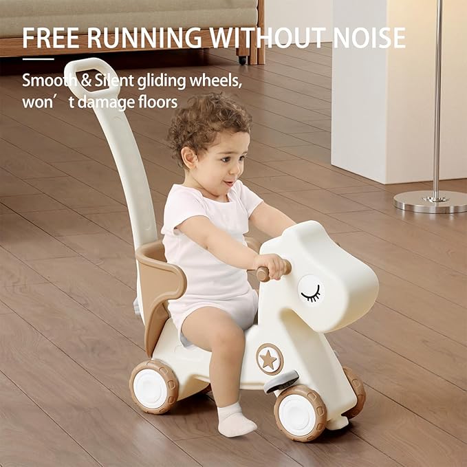 4 in 1 Rocking Horse for Toddlers 1-3, Baby Ride On Toys with Balance Board & Push Handle, Convertible Push Car, Birthday Gift for 1 Year Old Boys Girls (Tan)