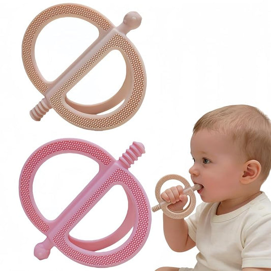 2-Pack Baby Teething Toys, Food Grade BPA-Free Silicone Baby Teether for 3-18 Months, Ring-Shaped Teething Toy for Babies, Multi-Textured Choke-Proof Easy Grip Teether for Infants (Khaki&Pink)