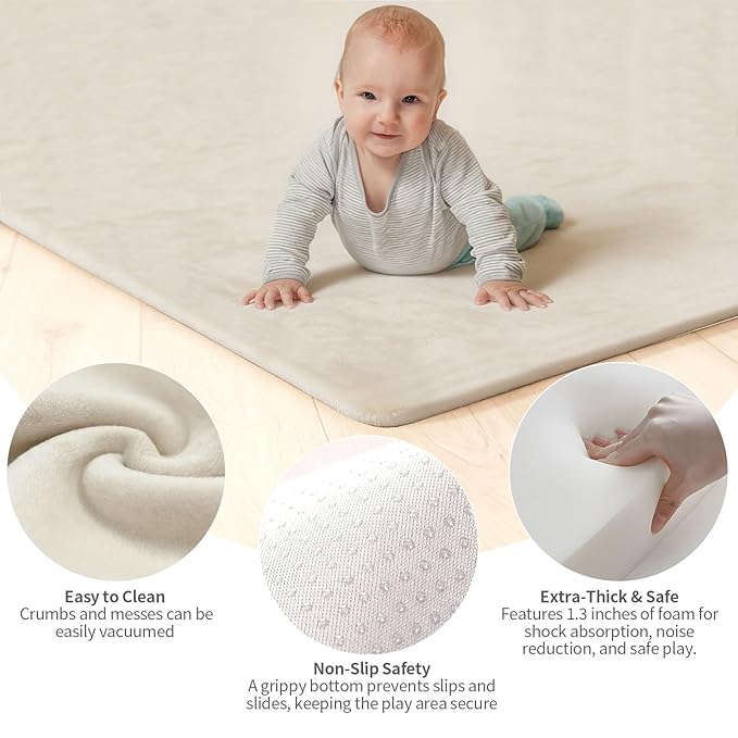 Velvet Baby Play Mat for Floor, 1.3" Thick Elasti-Foam 74"×50" Playpen Mat with Removable & Washable Velvet Cover for Toddler, Infant,Kids, Non-Slip Crawling Mat for Tummy Time (Beige)