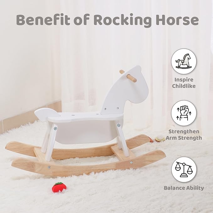 White Wooden Rocking Horse Funny for Toddlers (Ages 2-4) - Solid Rubber Wood, Smooth Surface for Creative Decoration, Minimalist Rocking Horse, Vintage