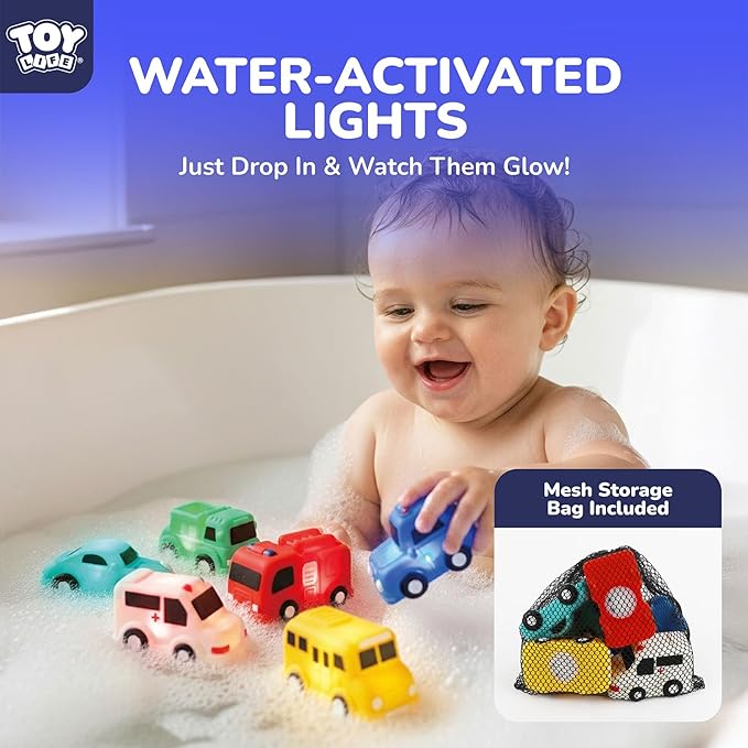 TOY Life 6 PCS Cars Light Up Bath Toys for Kids Ages 4-8, No Hole Glow Bath Toys for Kids, Baby Toddler Bath-Time, Easter Basket Stuffers Gifts for Kids Boys Girls, Ideal for Shower, Bathtub, Pool