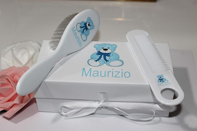 Personalized Gift - Personalized Baby Brush & Comb Set, Any Name, Soft Nylon Bristles, Blue Teddy Bear Design or Design Your own. Same Day Dispatch.