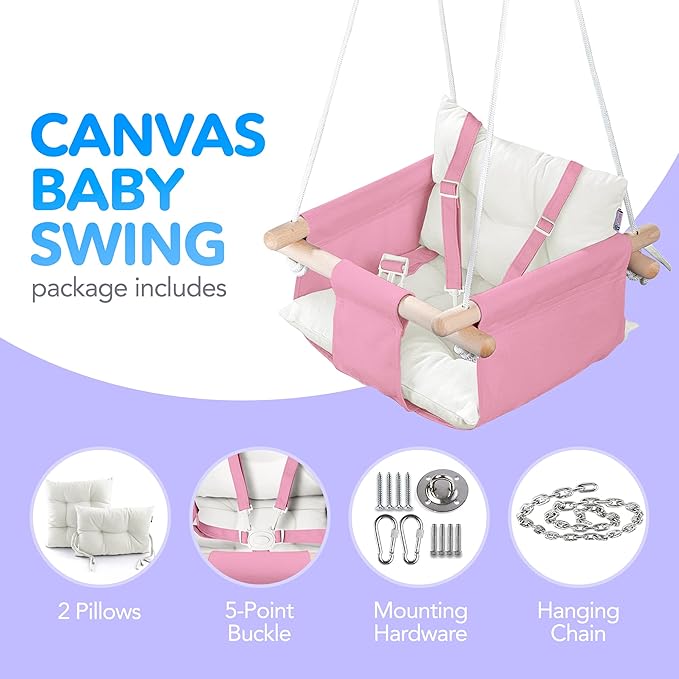 CaTeam - Canvas Baby Swing, Wooden Hanging Swing Seat Chair with Safety Belt, Durable Baby Swing Chair, Outdoor and Indoor Swing for Kids, Mounting Hardware Included, Pink