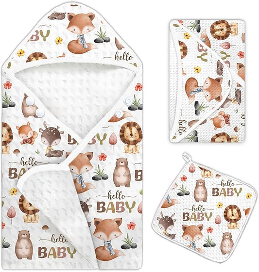 1PCS Wildlife Theme Baby Bath Towels, Hooded Baby Towel for Newborns, Toddler Bath Towel for Boys or Girls, Soft & Absorbent, with 1 Toddler Face Towels 32 * 32IN
