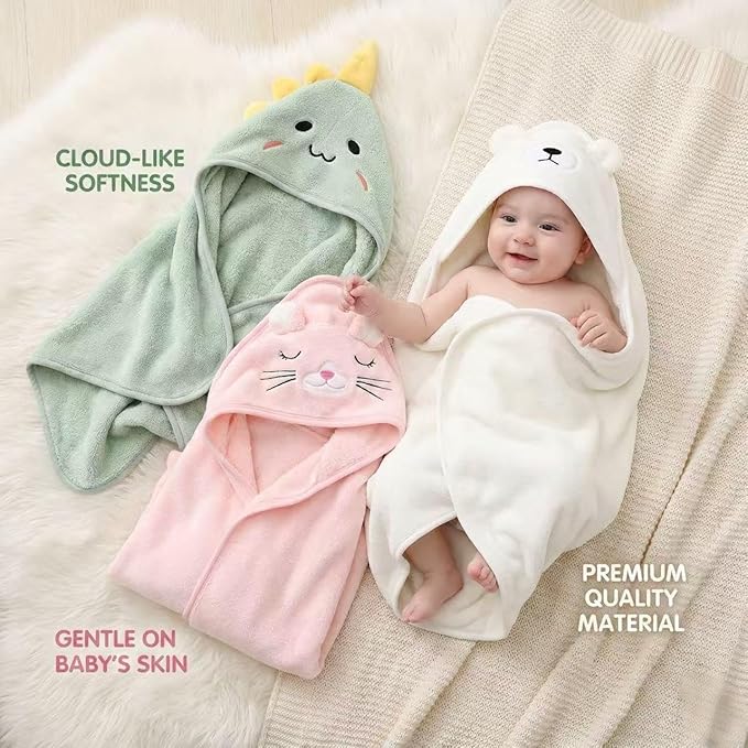 Hooded Baby Towel - 3 Pack Premium Soft Bath Towel for Baby, Newborn,Infant - Ultra Absorbent,Natural Baby Stuff Towel, Soft Coral Velvet Coral Fleece Bath Towel for Boys and Girls