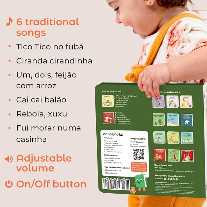 Cali's Books Brazilian Nursery Rhymes Book - Portuguese Sound Book for Toddlers 1-3 Years Old, Educational Music Toys for Bilingual Kids with Lyrics & Translations, Musical Baby Books for Children