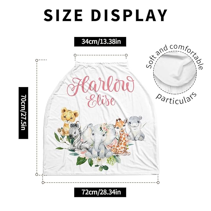 Personalized Baby Car Seat Cover Stroller Canopy: Custom Name Newborn Baby Girl Elastic Safari Animals Nursing Cover for Moms First Birthday Gift Pink(one Size)