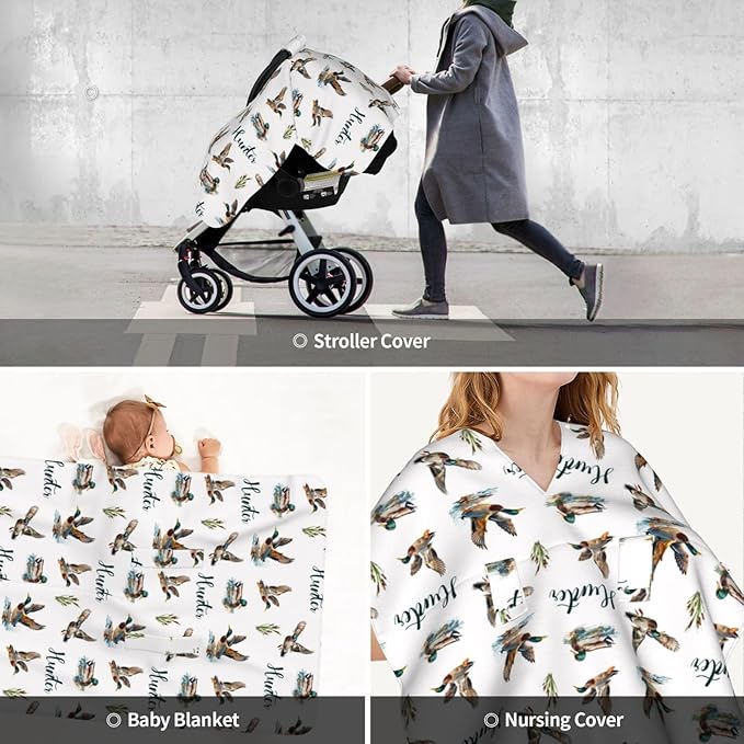 Personalized Wild Ducks Baby Car Seat Canopy – Custom Name Minky Nursing Cover for Boys & Girls, Infant Carseat Canopy, Opening Breastfeeding Stroller Cover for Newborn Baby Gift
