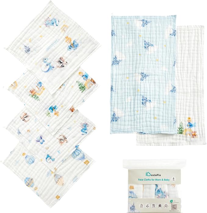 6-Pack Baby Washcloths & Long Towels, 100% Cotton Muslin Face Towels for Baby & Mom, Ultra-Soft Newborn Essentials with Gift Box, for Boys & Girls (Fantasy Prince & Dragon)
