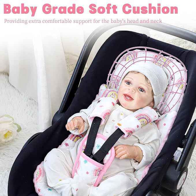 Pea Pod Infant Car Seat Insert with 3 Strap Covers, Reversible Baby Car Seat Head and Body Support, Minky Dot Newborn Carseat Insert for Preemie (Cute Rainbow)