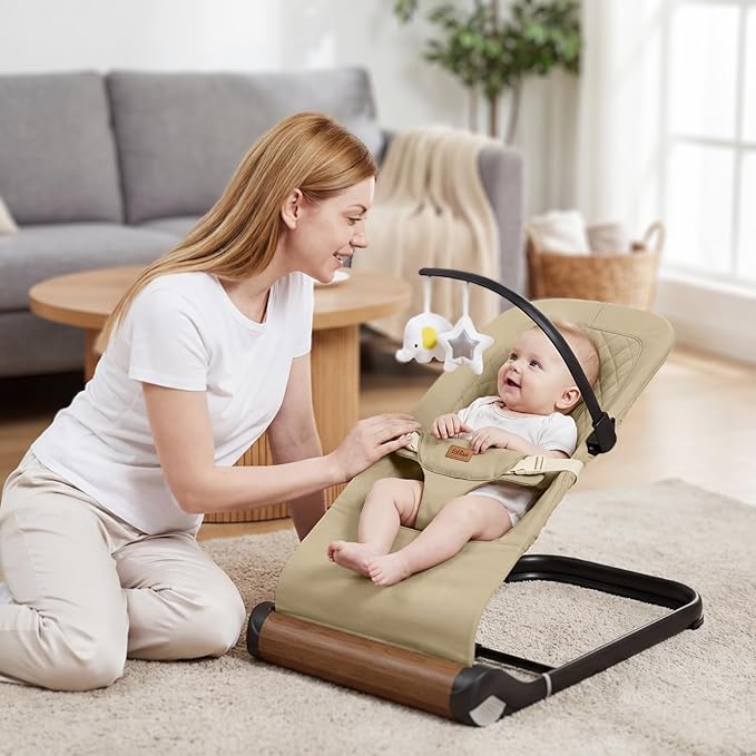 Foldable Baby Bouncer Seat - Portable Infant Bouncer with Adjustable Height, Khaki Polyester