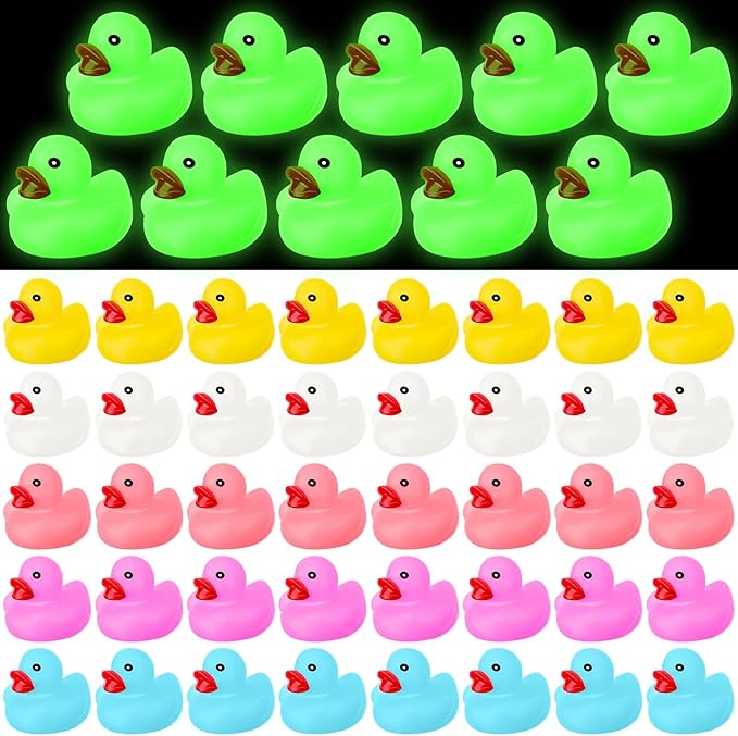 50 Pcs Glow in The Dark Rubber Ducks 2.2'' Luminous Mini Rubber Duck Fluorescent Tiny Light up Floating Squeaky Bathtub Toys for Baby Showers Summer Beach Pool Party Games (Colorful)