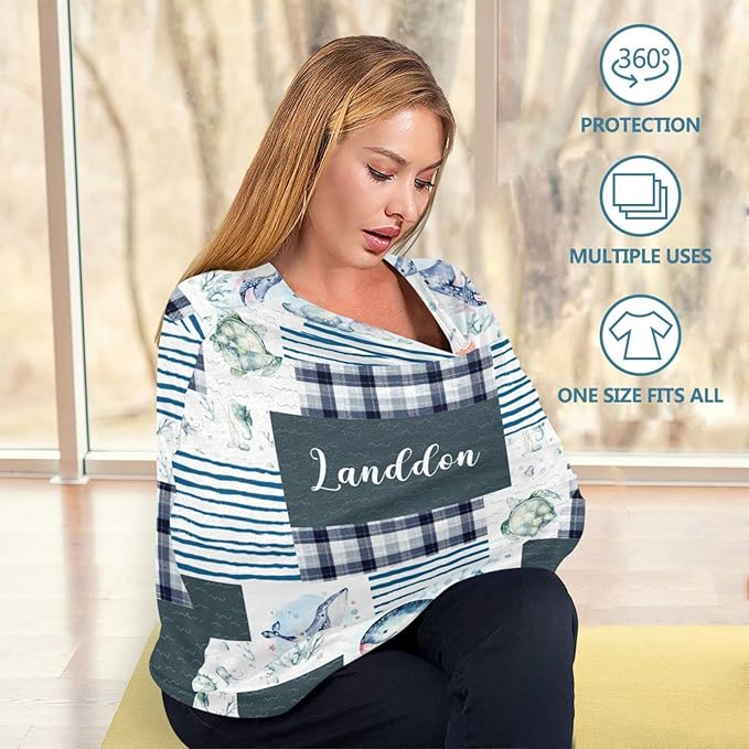 Personalized Baby Car Seat Cover for Boys Girls, Custom Nursing Covers for Breastfeeding with Name, Infant Stroller Cover, Baby Carseat Canopy for Newborn, Multiuse Car Seat Canopies, Ocean and Whale