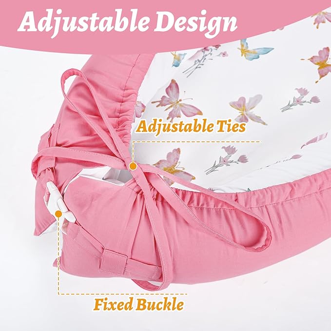 Baby Lounger Cover, Cotton Newborn Nest Cover, Baby Lounger Replacement Covers, Soft & Breathable, Reversible & Adjustable, Pink Butterfly(Cover Only)
