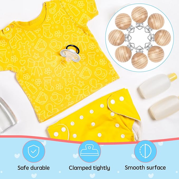 32 Pieces Natural Beech Wood Pacifier Clips Charm DIY Pacifier Holder Clips Teething Grasping Toy Suspender Clips for Pacifier Chain Accessory