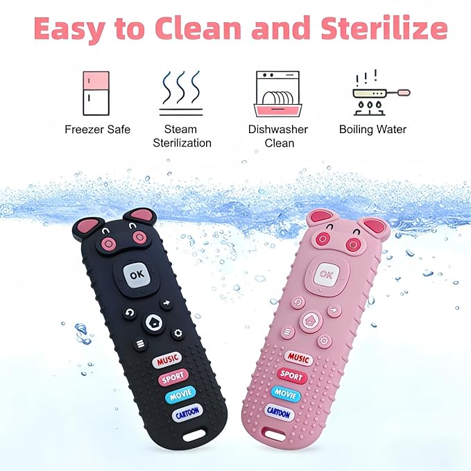 2Pcs Baby Teething Toys, BPA-Free Food Grade Silicone Baby Remote Control Teething Toy for 3-18 Months, Baby Remote Teether, Newborn Teething Relief TV Remote Pig Shaped Toy (Pig Black&Pink)