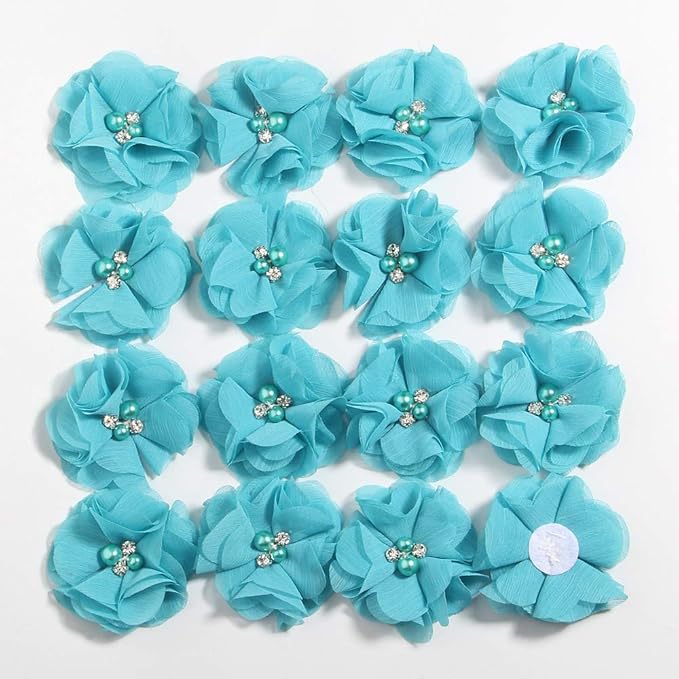 50 Pcs 2" Mini Chiffon Flowers with Rhinestones for Baby Girls Hair Accessories Artificial Fabric Flowers for Headbands Craft Projects (Turquoise)