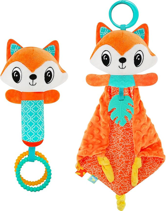 Baby Lovey Fox Stuffed Animal for Baby Boys and Girls, Security Blanket and Hand Shaker Set Newborn Stuffed Hanging Animal Plush Snuggle Toy Baby Showers Thank You Gifts