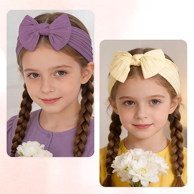 baotongle 3pcs Baby Girls Headbands Soft Stretchy Nylon Hair Bands Hair Accessories with Bows for Newborn Baby Girls Infant Toddlers Kids(Beige,Violet,Peack Pink, 5.7inches)