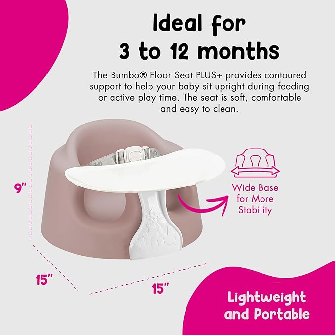Bumbo Foam Infant Floor Seat Plus+ with Tray for Babies 3 to 12 Months Old, Sonoran Rose - Portable Soft Baby Chair with Large Legroom and 3-Point Harness for Feeding and Play