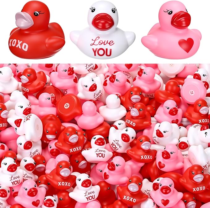 Lunmon 200 Pcs Valentine's Day Rubber Duck Heart XOXO Valentines Duck 1.4 Inch Pink Red White Float Toys for Party Favors Prizes Exchange Gifts Goodie Bag Fillers, 3 Styles