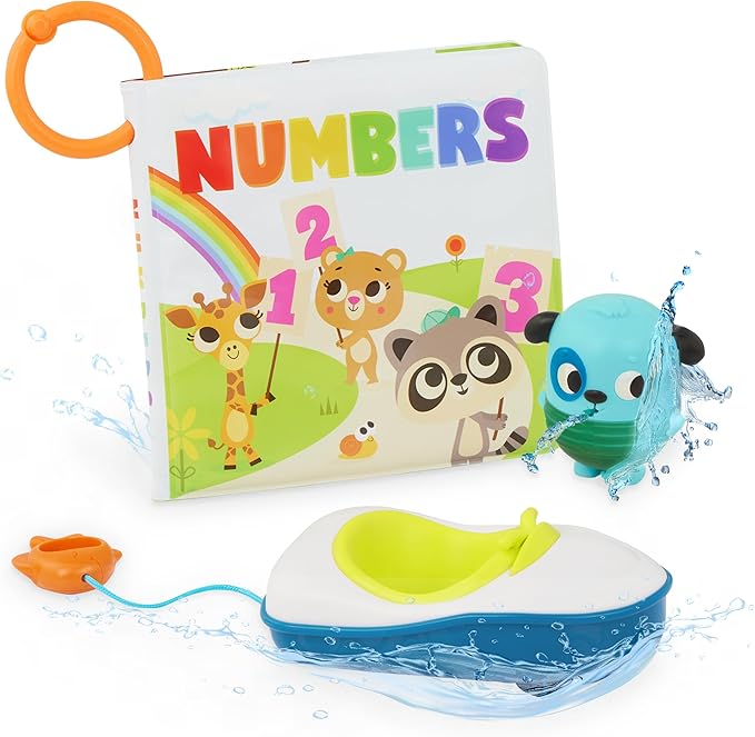 B. toys – Bath Book & Boat – Color Changing Bath Squirter & Pull – String Boat – Colors & Numbers – Convenient Travel Clip – 10+ Months – Tub Time Book + Pull & Go Rider