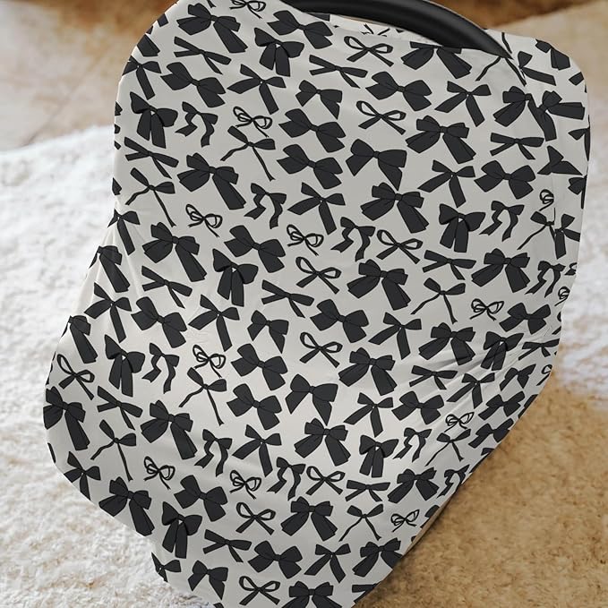 Black Bows Car Seat Cover for Baby Valentine Bows Stretchy 5-in-1 Cover Adjustable Car Canopy Cover Spring Black Ribbons Breathable Nursing Cover-Up