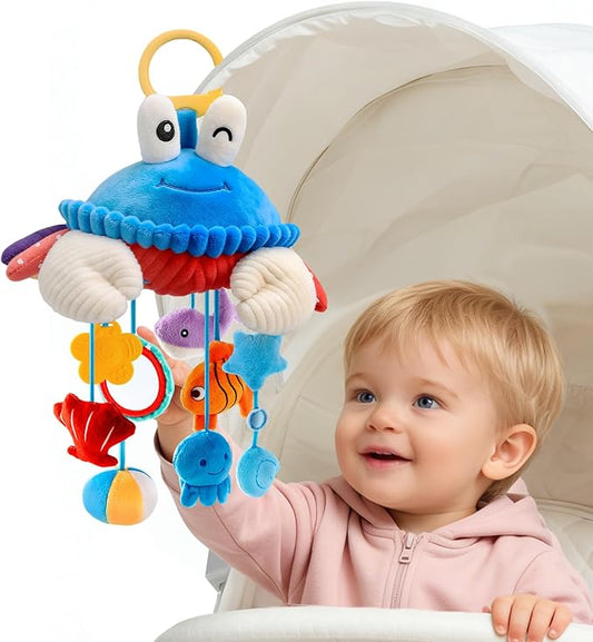 Car Seat Toys for Babies 0-6 Months, Hanging Sensory Crab Plush Toy for Stroller, Crib & Play Gym, Clip-On Montessori Infant Activity Toy with Mirror, Rattle & Teether, Newborn Baby Gifts 0-12 Months
