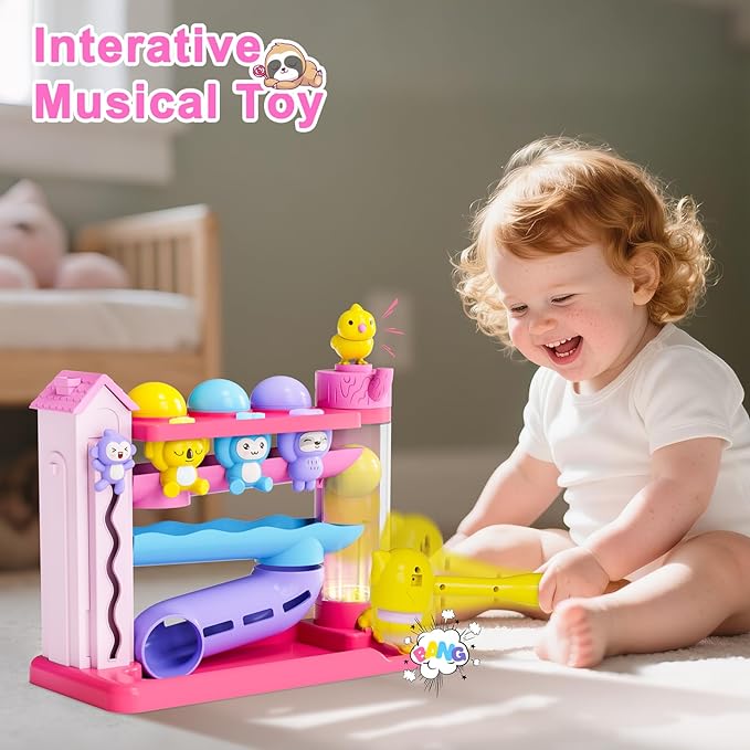 VOILBTOY Musical Toy for 1-2 Year Old Girls,Educational Baby Toys 12-18 Months,Ball Drop Toy with English & Spanish,Fine Motor Toys for Toddlers 1-3,Birthday Gift for 1+ Year Old Girl (Pink)