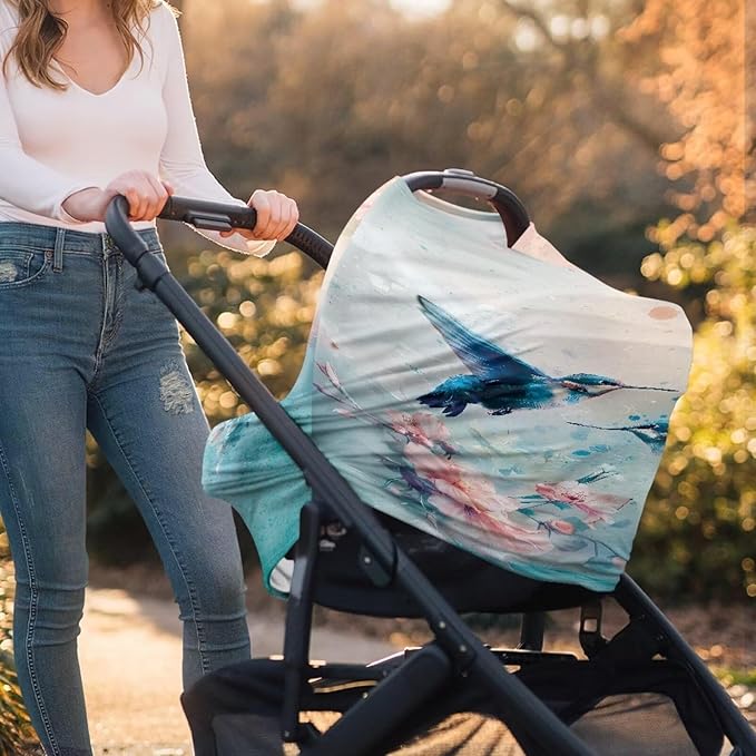 Forchrinse Blue Hummingbird Floral Baby Car Seat Cover Soft Stretchy Breastfeeding Nursing Cover Multi Use Cover for Shopping Cart/High Chair/Stroller