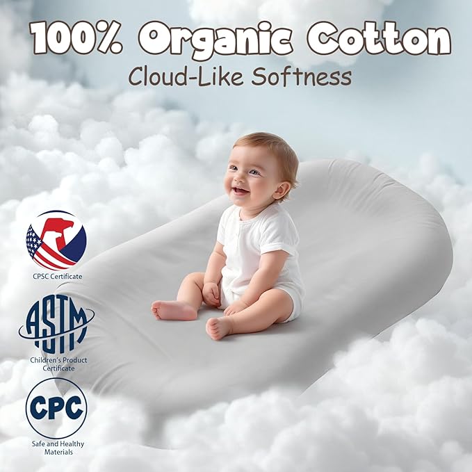 Extra Large Newborn Lounger & Baby Nest – Essential Baby Registry Gift – XL Portable Infant Floor Cushion for Tummy Time Support – Machine Washable Cotton Cover (CPC Certified)