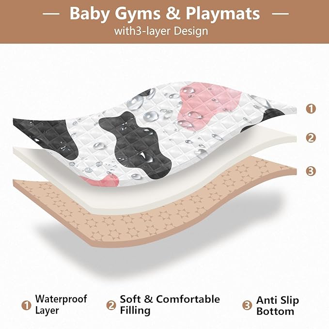 Baby Play Mat Cow Print 50" X 50" Play Gym Crawling Mat Soft Non-Slip Portable Picnic Floor Mat for Infant, Babies, Toddler, Kids