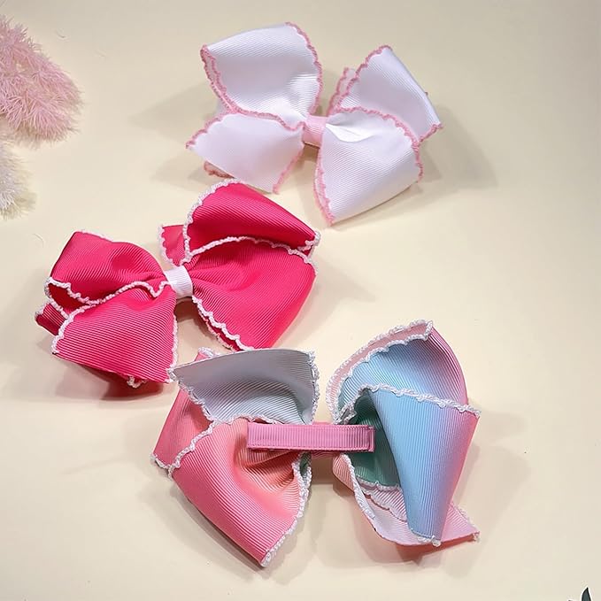 5 Inch Grosgrain Ribbon Bow Hair Clip for Baby Girls, Alligator Clips Hair Barrettes, Moonstitch Edge Hair Bows for Toddlers (White + Hot Pink)