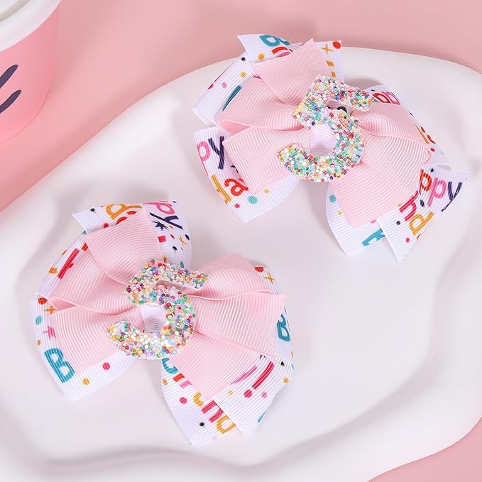 2pc Happy Birthday Ribbon Hair Bow Clips Barrettes,3.5" Glitter Pink Sprinkle Alligator Hairpins for Girls Teens Toddlers Kids 5th Birthday Party Dress Accessory Gifts