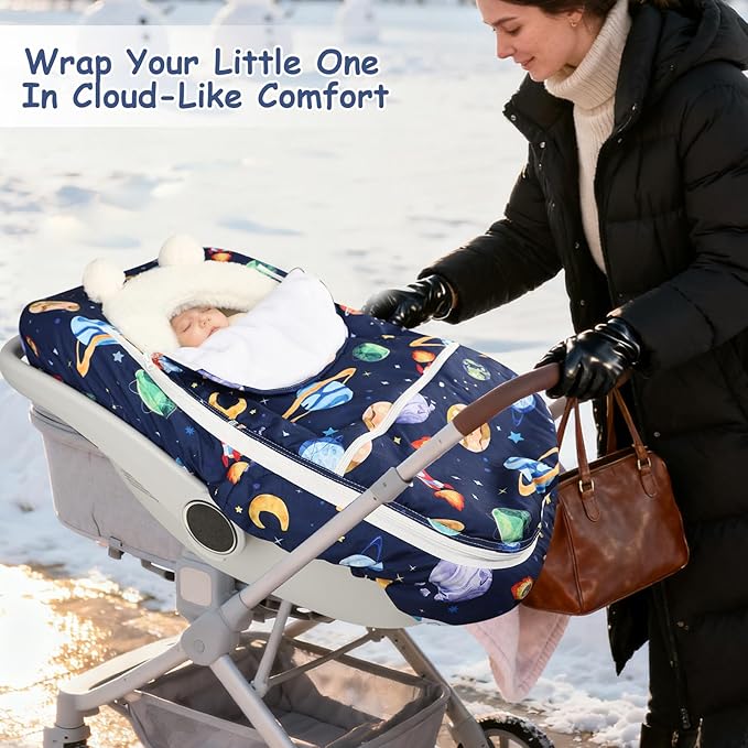 Pea Pod Winter Car Seat Cover for Baby, Infant Car Seat Canopies Cover for Newborn, Warm Plush Fleece Inner Protect Baby from Cold Wind, Space Pattern