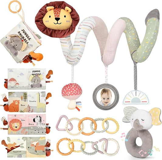 Joyreal Spiral Car Seat Toys with Jungle Soft Book, Plush Rattles and Linking Rings, Stroller & Travel Toy for Newborns and Infants 0-12 Months Girls Boys