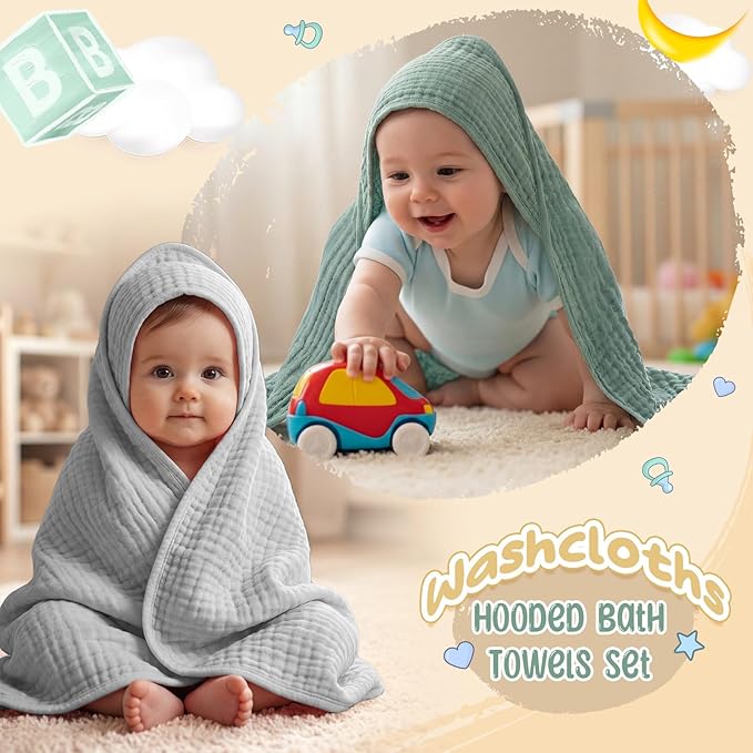 Breling 12 Pcs Muslin Hooded Baby Bath Towel, Hand Towels and Washcloth Set, 36"x 36" Cotton Newborn Bath Towel Cotton Absorbent Blanket Unisex Newborn Gift Essentials for Girl Boy (Blue Series)