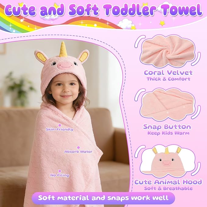 Flasoo 8 Pcs Toddler Bath Towel Set, 2 Pcs Toddler Towels with Hood, Large 55" x 27.5" Toddler Towels & 6 Pcs Baby Washcloths for Boy Girl, Soft Absorbent Gift for Baby, Infant, Newborn Essential