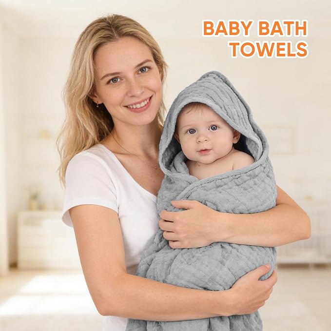 MIGIOL Muslin Hooded Baby Towels 100% Cotton ，Super Soft Muslin Baby Bath Towel - 32 x 32 Inches, Suitable for Newborn and Young Children up to 3 Years Old. (Grey & Green)