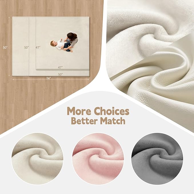 Velvet Baby Play Mat for Floor, 1.3" Thick Elasti-Foam 47"×47" Playpen Mat with Removable & Washable Velvet Cover for Toddler, Infant,Kids, Non-Slip Crawling Mat for Tummy Time (Beige)