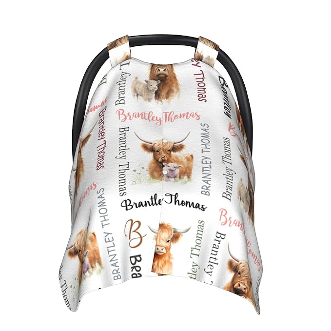 Personalized Baby Car Seat Canopy with Name Custom Minky Highland Cow Car Seat Covers Nursing Cover for Breastfeeding Multi-Use Cover Infant Carrier Carseat Winter Cover for Newborn Girls Boys