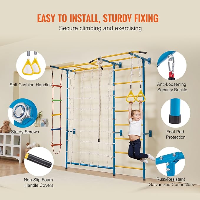 VEVOR Indoor Jungle Gym for Toddlers, 7-in-1 Climbing Playset with Carbon Steel Swedish Ladder, Wall Ladder, Pull-Up Bar, Rope Ladder, and Gymnastic Rings, Supports 220 lbs, Multicolor