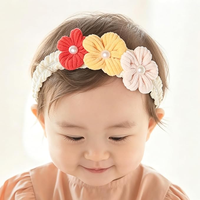 Handmade Baby Girl Headbands in Beige and Pink Lace Flowers for Newborns and Toddlers Cute Baby Girl Flowers and Newborn Headbands (Red yellow and pink flowers, One Size)