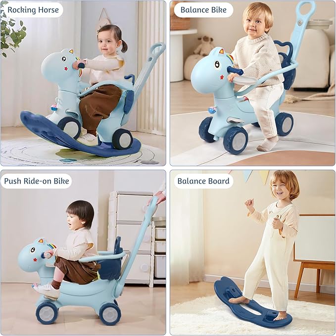 Ancaixin 4 in 1 Rocking Horse Ages 1-3, Baby Rocking Toy Birthday Gift for Toddlers 1-3 Years Old, Balance Bike Ride On Toys with Push Handle, Backrest and Balance Board for Baby Girl and Boy, Blue