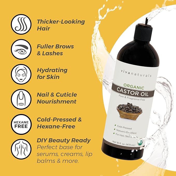 Viva Naturals Organic Castor Oil,Cold-Pressed,16 fl oz – For Face,Hair,Eyelashes,USDA Organic,Non-GMO - With Beauty Kit,(Pack of 2)