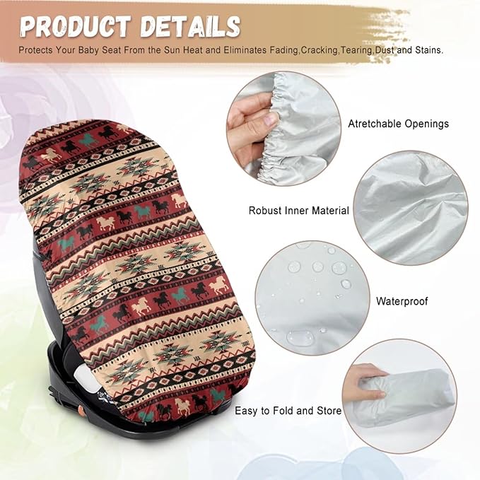 Aztec Car Seat Cover for Baby Carseat, Tear-Resistant Car Seat Sun Shade Cover with Vintage Horse Print, Universal Toddler Car Seat Replacement Cover