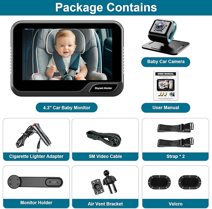 Baby Car Mirror, 4.3'' HD Night Vision Function Mirror Display, Wide View Baby Car Camera Monitor 1080P Rear Facing Monitor, 360 Rotation Backseat Camera Black YB-405CA